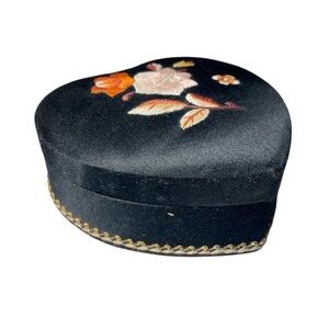 Vintage Black Satin & Floral Embroidered Heart Trinket Box w/ Gold Trim